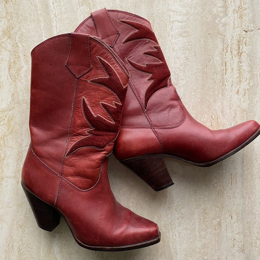 Vintage Cowboy Boots Red Leather and Suede